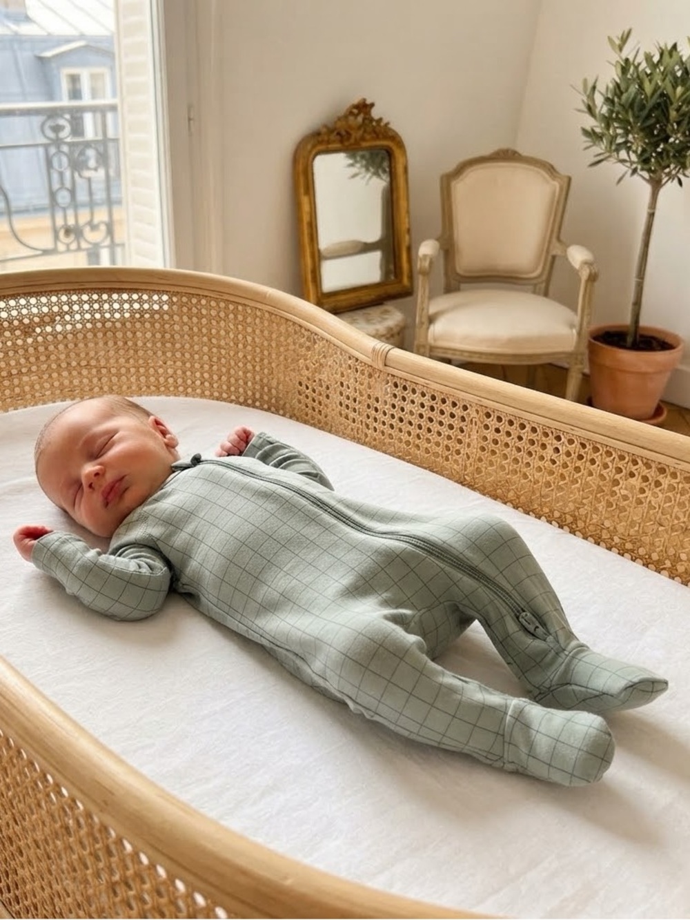 Quincy Mae Bamboo Dusty Sage Windowpane 2-Way Zipper Footed Sleeper